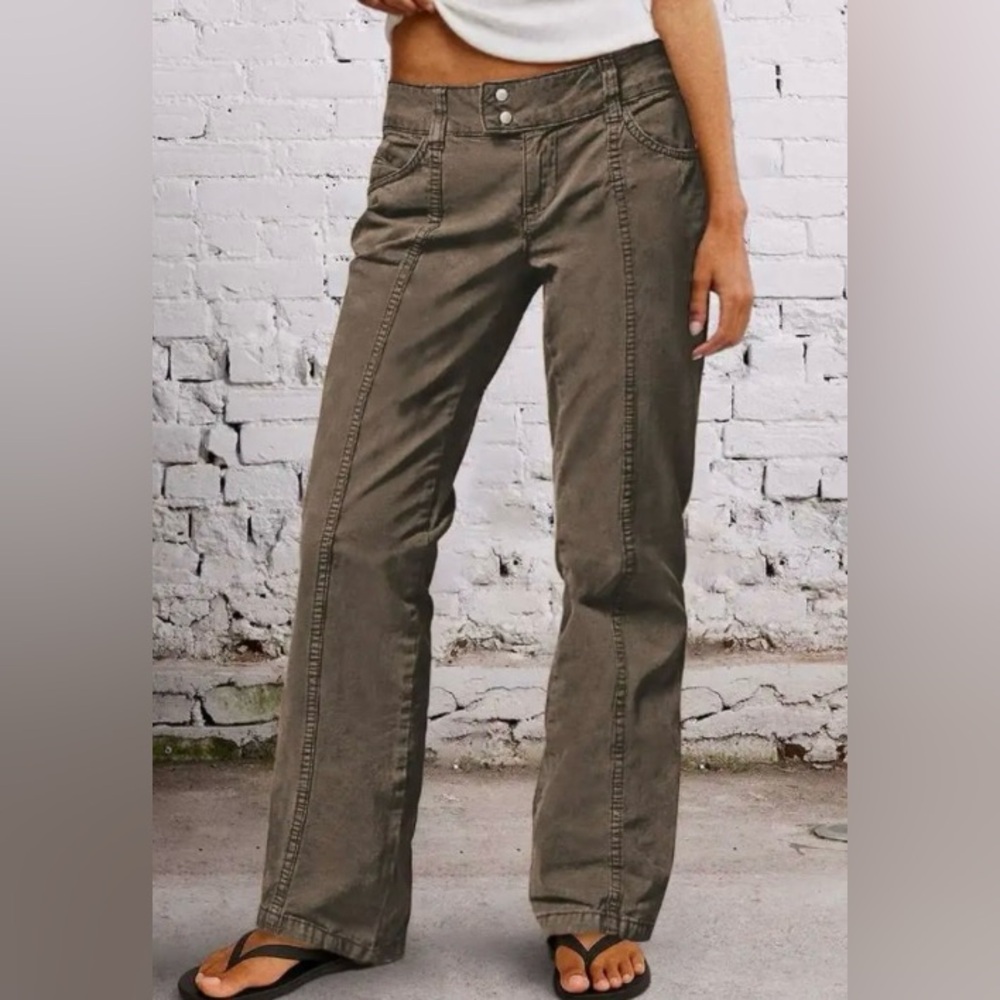 Flamingals Solid Seam Front Mid Rise Straight Leg Pants in Dark Khaki Medium NWT